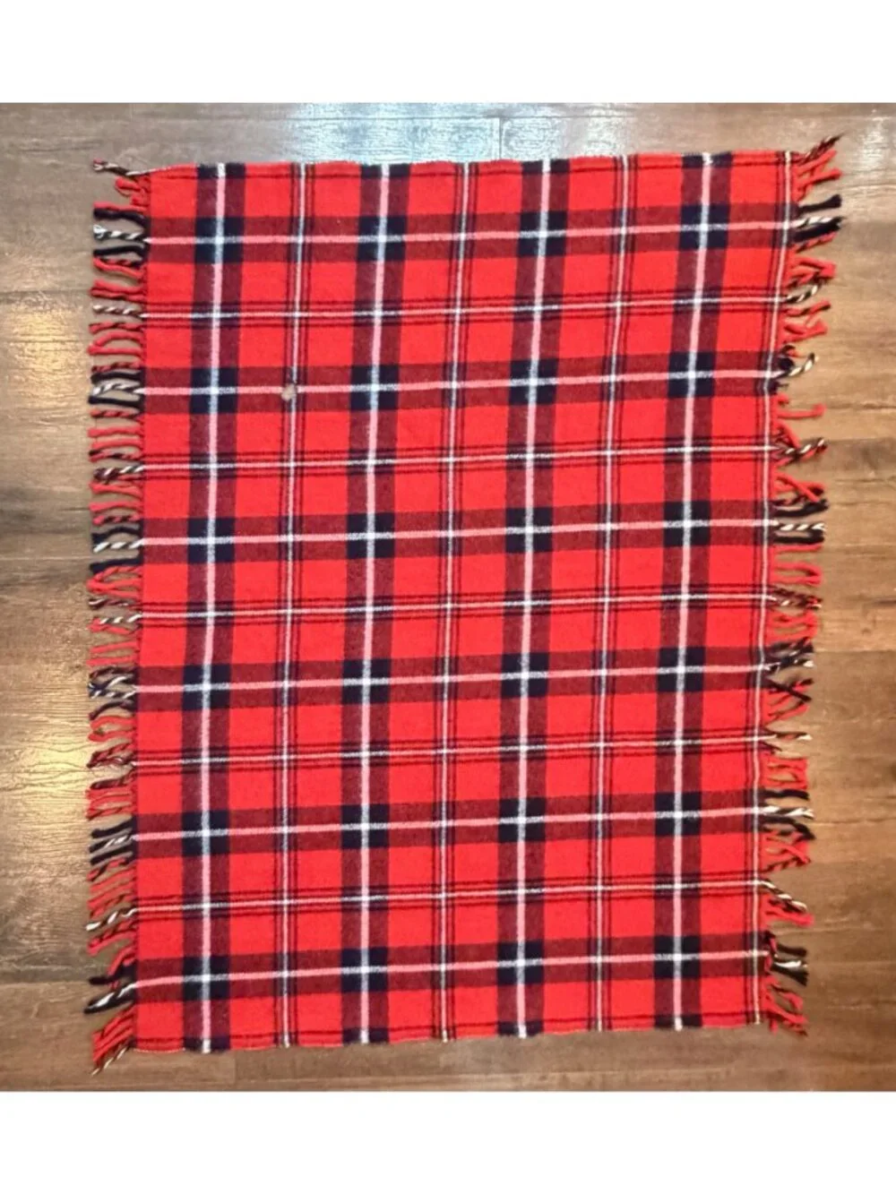 Vintage 1970s Faribo Red & Black Plaid Acrylic Throw Blanket With Fringe - Made
